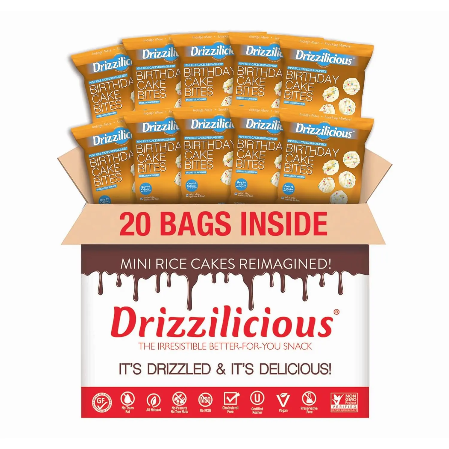 Drizzilicious Mini Birthday Cake Flavored Low Calorie Rice & Corn Cake Crisps - 90 Calories Per 0.74 oz Bag, Vegan, Gluten-Free, Allergen-Free Healthy Snack for Adults - Pack of 20, Drizzled Rice & Corn Cake