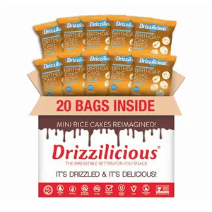 Drizzilicious Mini Flavored Rice Cakes Birthday Cake - Rice Crisps, Healthy Snack for Adults and Kids, Vegan, Gluten Free Snack, Allergen Free, Only 90 Calories Per Bag - 0.74 oz (Pack of 20)