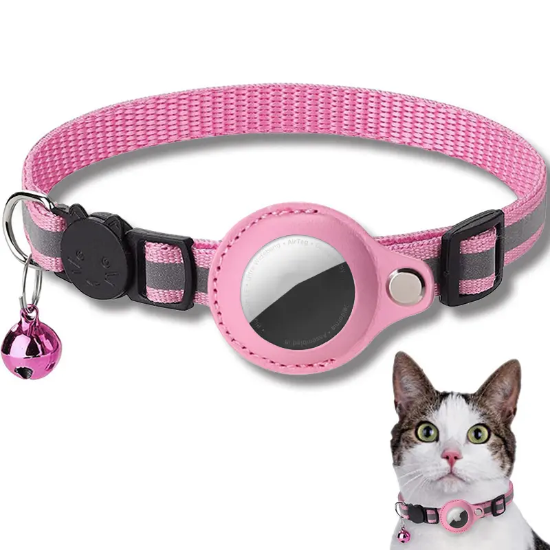 Cat Collar, Gps Cat Collar, Reflective Kitten Collar With ** Holder And Bell, Lightweight Tracker Cat Collars For Girl Boy Cats Kittens Puppies(Pink) pink  collar
