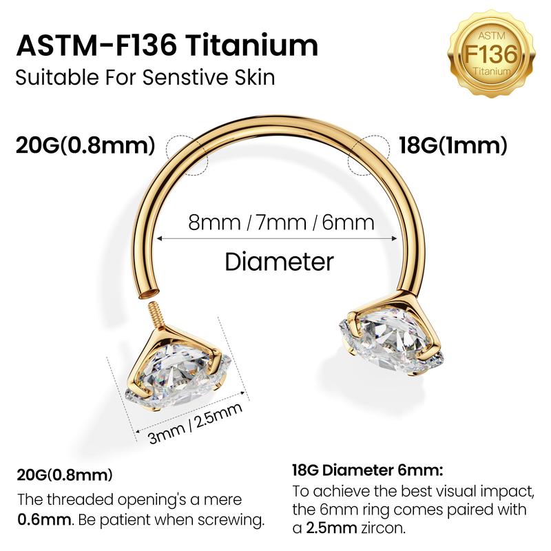 Titanium 20G/18G Horseshoe Nose Ring(Free Ball Holder) Internally Threaded Gems,Earring Daith Cartilage Helix,Piercing Jewelry Titanium 20G/18G Horseshoe Nose Ring(Free Ball Holder) Internally Threaded Gems,Earring Daith Cartilage Helix,Piercing Jewelry