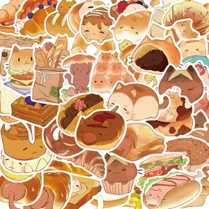 Cute Bread Cat Pattern Sticker, 50pcs/set Cartoon Sticker, Decorative Sticker for Water Bottle, Laptop, Skateboard, Phone Case, Cover
