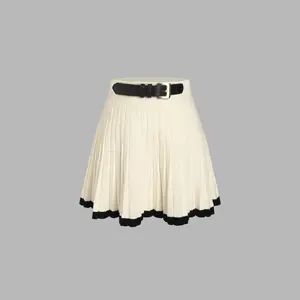 Cider [size 2-10] Solid Knit Mid Waist Pleated Mini Skirt With Belt