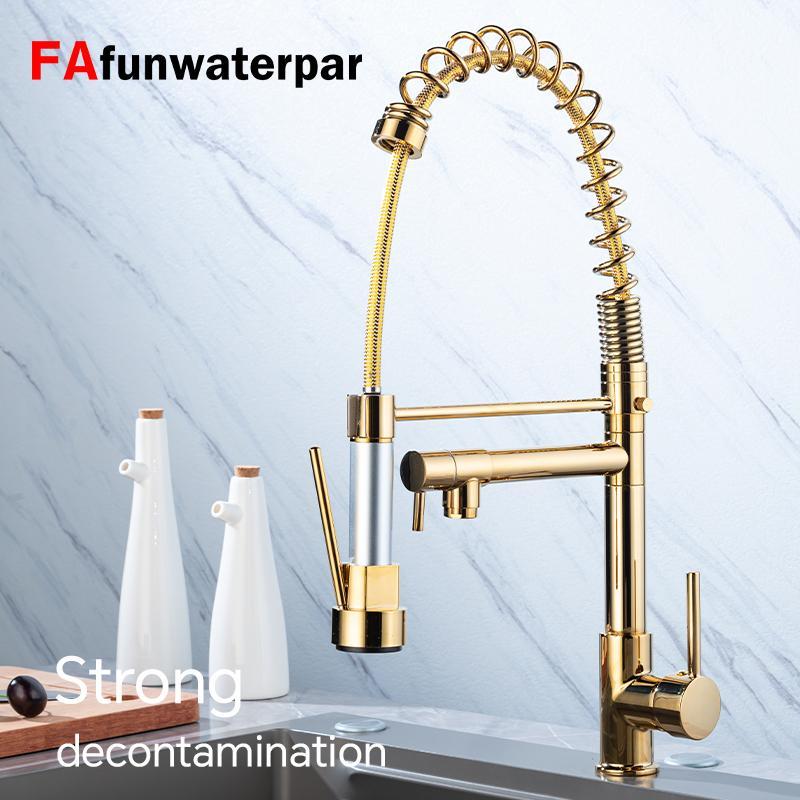 Kitchen faucet with pull-down spray, single handle double outlet commercial kitchen sink faucet, solid copper body, compatible with deck 1 or 3 holes