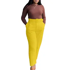 Summer Autumn Women's Yellow High Waisted Belted Straight Ankle Length Fitted Minimalist Work Pants for Office & Formal Business Wear Bottoms Check Clothes Elegant Fashion Womenswear Basic