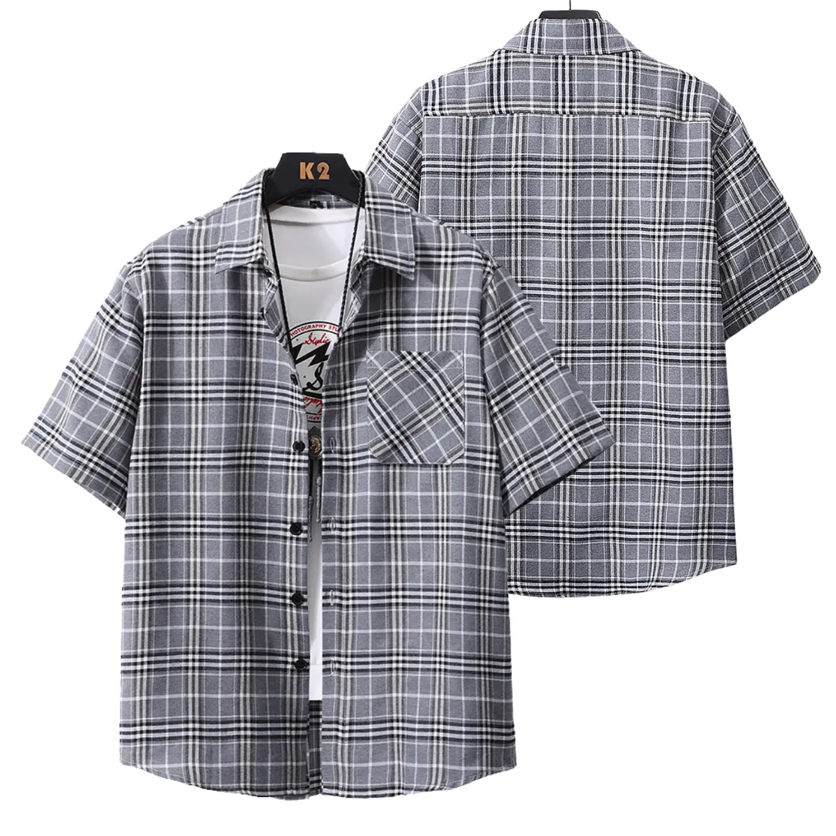 Men's Classic Checked Short-Sleeve Polyester Collared Buttoned Shirt - Casual Turn-Down Collar Top with Front Pocket, Fashion Apparel, Ideal for Summer Everyday Wear, Boyfriend Gifts, Collared Shirts, Shortsleeve, Plaid