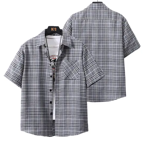 Men's Classic Plaid Fitted Short-Sleeve Polyester Collared Buttoned Shirt - Male Clothing with Turn-Down Collar, Front Pocket, Ideal for Summer Everyday Wear, BF Birthday Gift, Boyfriend Birthday Gifts for Him, Bf Birthday Gifts