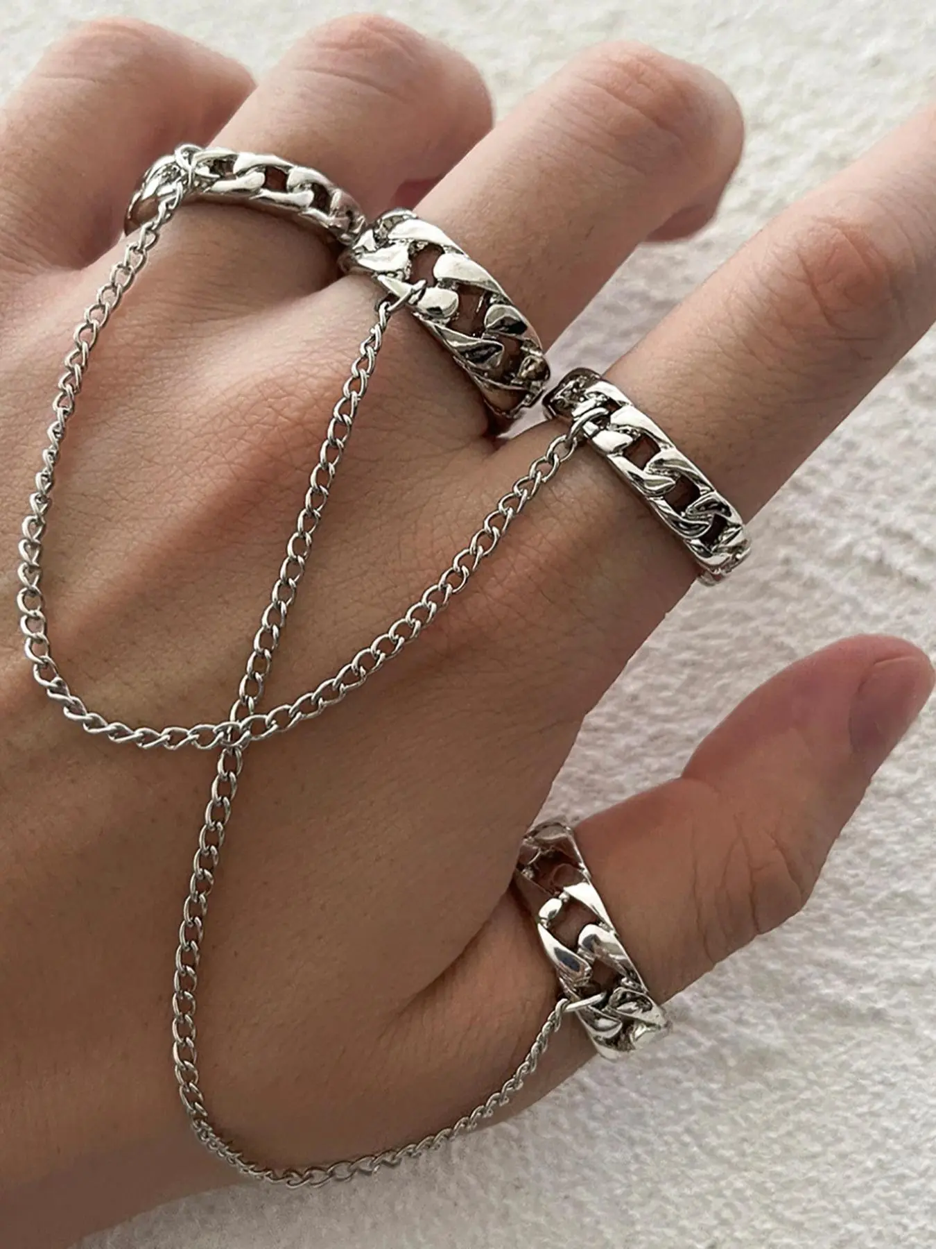 2pcs Hollow Out Punk Chain Decor Finger Ring, Punk Style Ring, Simple Casual Jewelry For Party, Club, Zinc Alloy Fashion Accessories For Both Men & Women, Punk Rings, Casual Trendy Jewelry