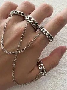 2pcs Hollow Out Punk Chain Decor Finger Ring, Punk Style Ring, Simple Casual Jewelry For Party, Club, Zinc Alloy Fashion Accessories For Both Men & Women