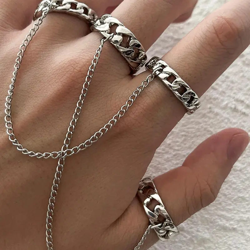 2pcs Hollow Out Punk Chain Decor Finger Ring, Punk Style Ring, Simple Casual Jewelry For Party, Club, Zinc Alloy Fashion Accessories For Both Men & Women, Punk Rings, Casual Trendy Jewelry