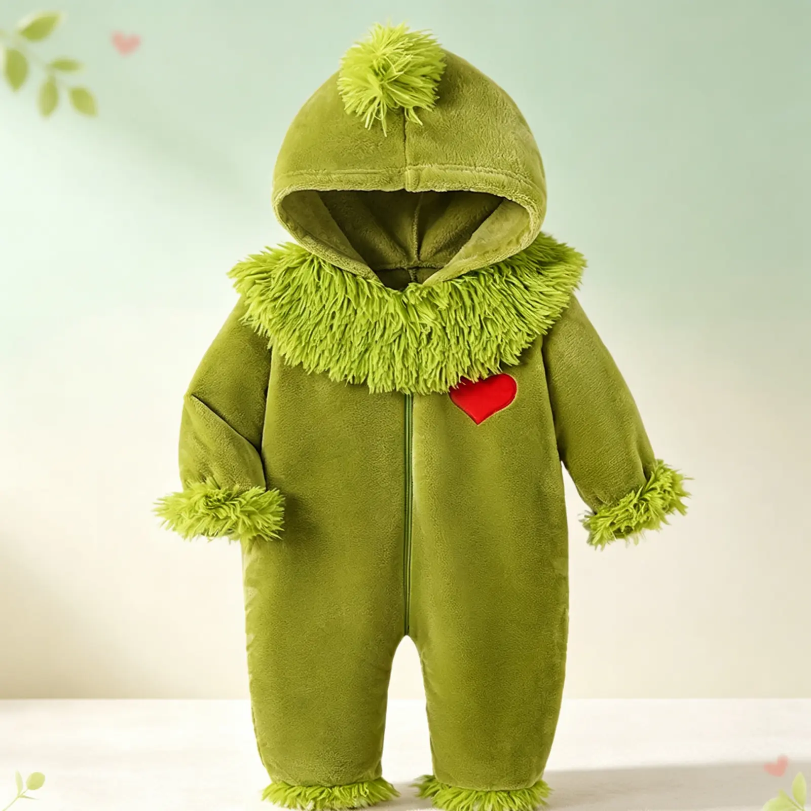 Baby Green Monster Costume Long Sleeve Heart Embroidery Hooded Romper Newborn Christmas Jumpsuit