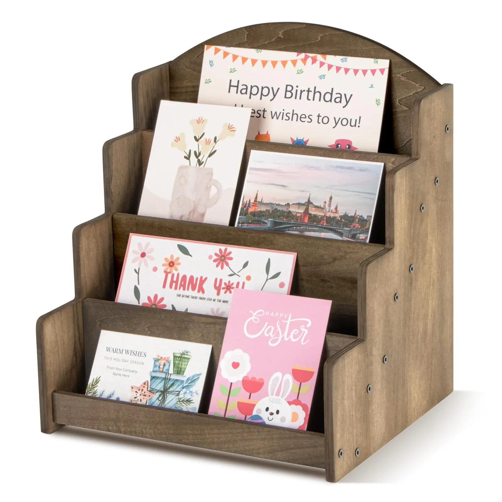 Greeting Card Display Stand  Wooden 4-tier Postcard Holder For Sticker Vendors Retail Stores Brown