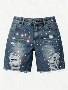 Women's New Fashion Denim Capri Pants, Ripped Design, Button Fly, High Waist, Fitted, Solid Color, Trendy Women's Clothing