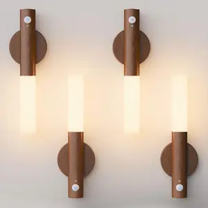 Magnetic Night Light with Motion Sensor, Walnut Wood Cylindrical Rechargeable LED Lamp, Portable Bedside Light for Bedroom Nursery