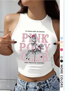 Women's Pink Pony Club Letter Print Round Neck Knit Tank Top, Lightweight Casual Sleeveless Graphic Top for Summer, Ladies Clothes for Daily Wear, Socks