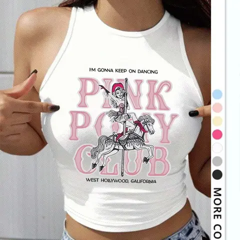 Women's Pink Pony Club Letter Print Round Neck Knit Tank Top, Lightweight, Thin Womenswear Casual Sleeveless Graphic Top for Summer, Beach, Ladies Clothes for Daily Wear, Casual Sleeveless Tops, Socks