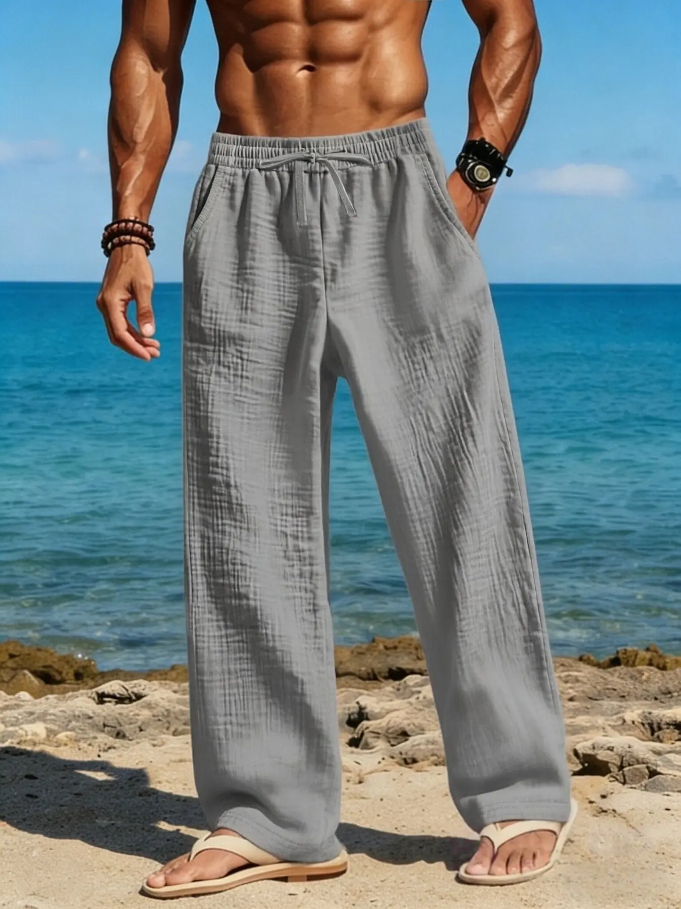 2026 New men's solid color linen casual pants, loose and breathable straight-leg pants, seaside vacation style drawstring waist pants, comfortable and versatile casual long pants for spring and summer, with a relaxed look, Drawstring Waist Trousers