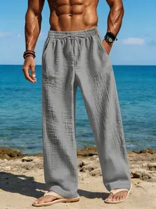 2026 New men's solid color linen casual pants, loose and breathable straight-leg pants, seaside vacation style drawstring waist pants, comfortable casual long pants for spring and summer, Loose fitting trousers, Wide Legged Pants