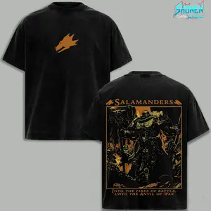 Warhammer 40K - Salamanders Space Marine Washed Graphic Tee, Oversized Grimdark Gaming Streetwear Shirt, Vulkan Retro Cotton Tee, Y2K Gamer Merch Outfit