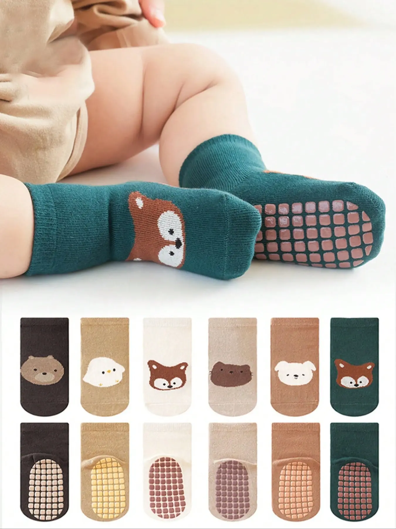 6 Pairs Baby Floor Socks Cartoon Animal Design, Soft Sole Non-Slip Indoor Shoes for Boys & Girls, Casual Daily Wear, Toddler Crew Socks, Toddler Grip Socks, Kid Socks