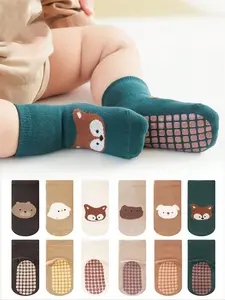 6 Pairs Baby Floor Socks with Cartoon Animal Design, Grip Sole Non-Slip Indoor Socks for Boys & Girls, Casual Elastic Socks for Daily Wear