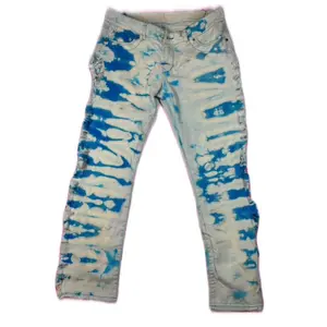 Tye Dye Custom Jeans - Womenswear Bottom with Blue Dye Design and Distressed Finish
