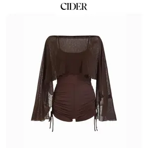 Cider Textured Boat Neck High Rise Drawstring Slim Romper With Scarf