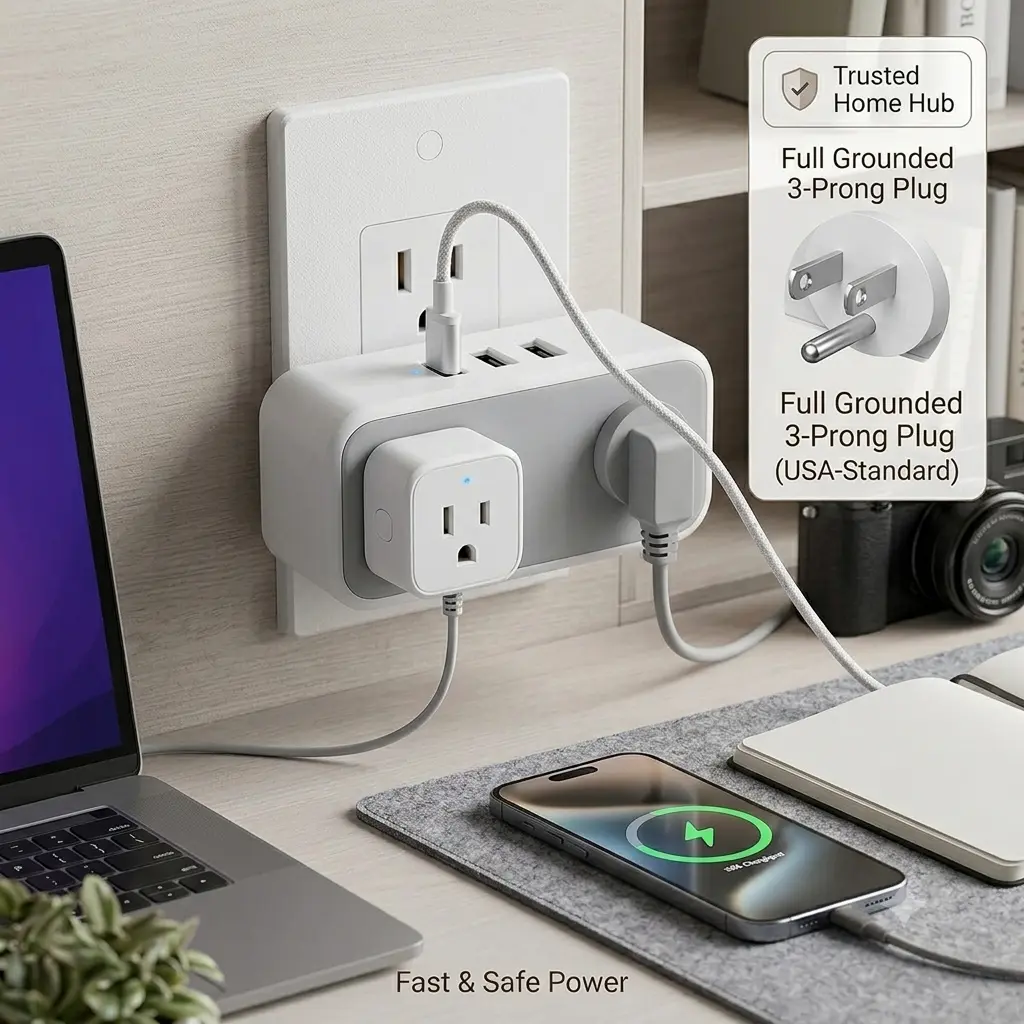 5-in-1 Multifunction Wall Outlet Extender Plug Adapter - 2 AC Outlets, 3 Smart USB Ports, 1875w Power - Electrical Charger for Home, Office