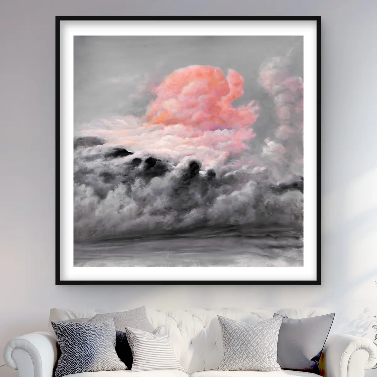 212 MAIN Modern Artistic Framed Matted Print Wall Artwork - 48x48 in Vibrant Pink Cloud-Shape Decoration, Home Decor for Room Styling