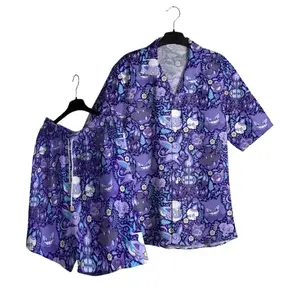 Purple PKM Anime Hawaiian Shirt - Mystic Manga Set - Ghost Type Video Game Fans Aloha Button Up Tropical Beachwear Vintage Anime Graphic Shirt Casual Summer Vacation Outfits Unisex Retro Pocket Monster Apparel Birthday Gift For Him