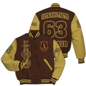 Iota Phi Theta Custom Chapter Varsity Jacket, Personalized Gilded Gold Sleeve Charcoal Brown 1963 Letterman, Fraternity Brotherhood Greek Apparel