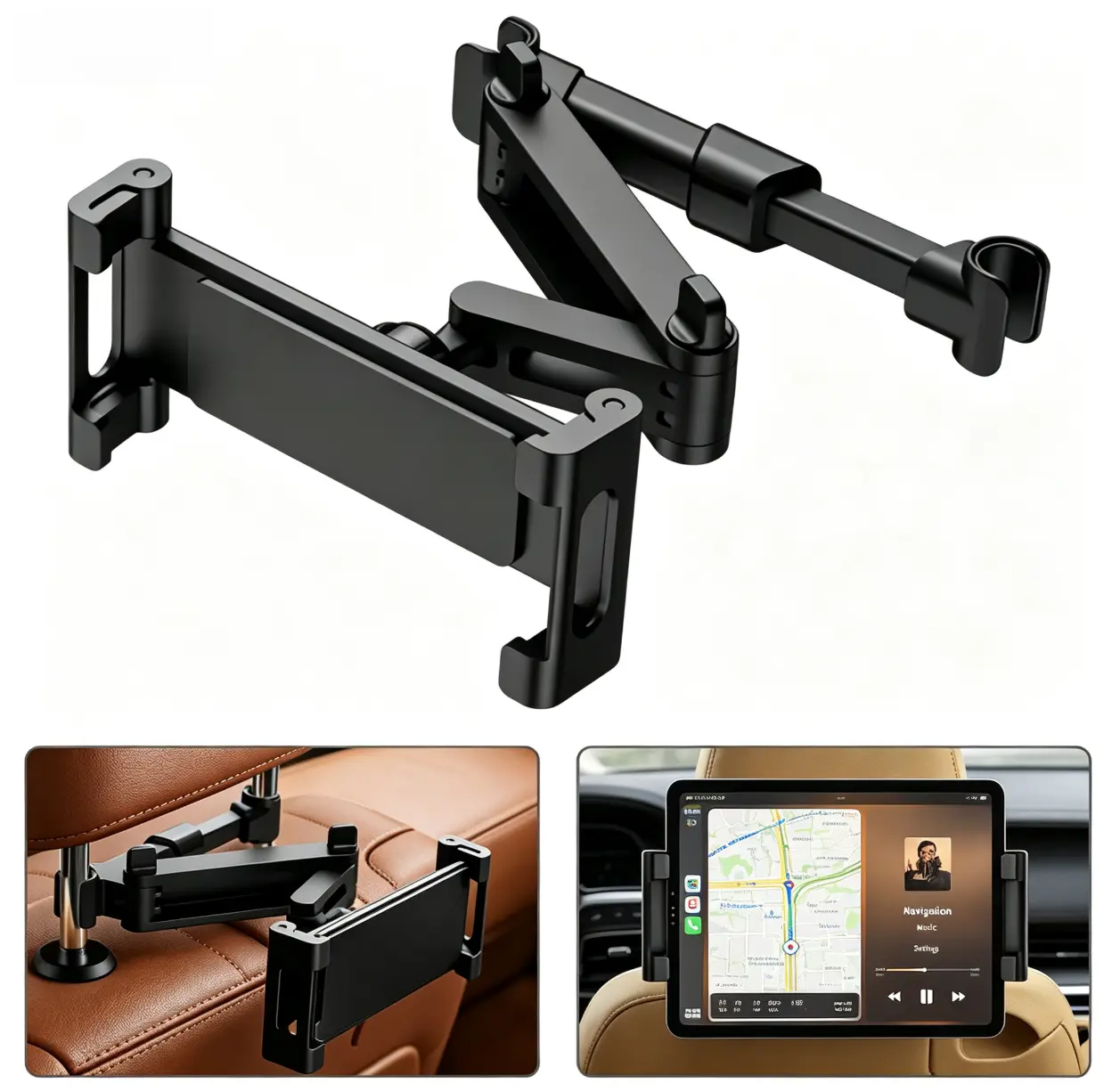 Car Headrest Tablet Holder, Lockable 3-in-1 Arm for Backseat, Fits 4.7-13" iPad/Galaxy/Fire, 360° Rotating, Kids Road Trip