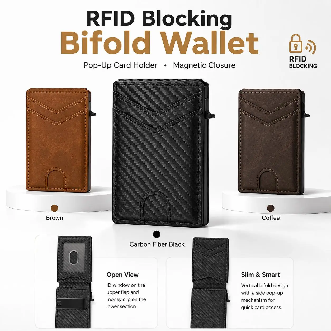 Men's Carbon Fiber RFID Protected Compact Bifold Wallet - Magnetic Closure, Pop-Up Card Holder, ID Window, Cash Pocket, Slim High-Capacity, 10.2x7x4cm, for Daily Use, Casual Men's Wallets, Rfid Protected Wallet