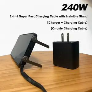basemo Invisible Holder Charger Cable with Stand, 240w super fast charging 2-in-1 Fast Charging Cord & Phone Stand for Gaming, Office, Car Travel, Compatible with iPhone Samsung Type-C charging cable Black