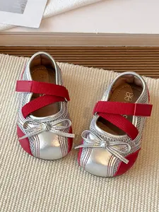 Fresh Colorblock Mary Jane Shoes, Butterfly Knot Velcro, Soft Non-Slip Baby Walker Shoes, Breathable Anti-Slip Girls' Princess Shoes, Baby Walking Shoes