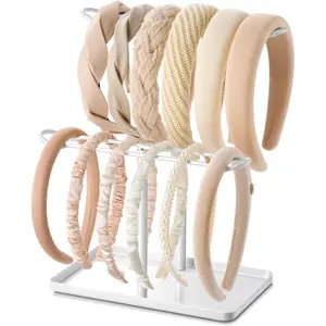 Headband Holder Organizer, 2-Tier T-bar Storage Stand with Tray for Hair Accessories Hairband Hair Clip, for Girls Women, White