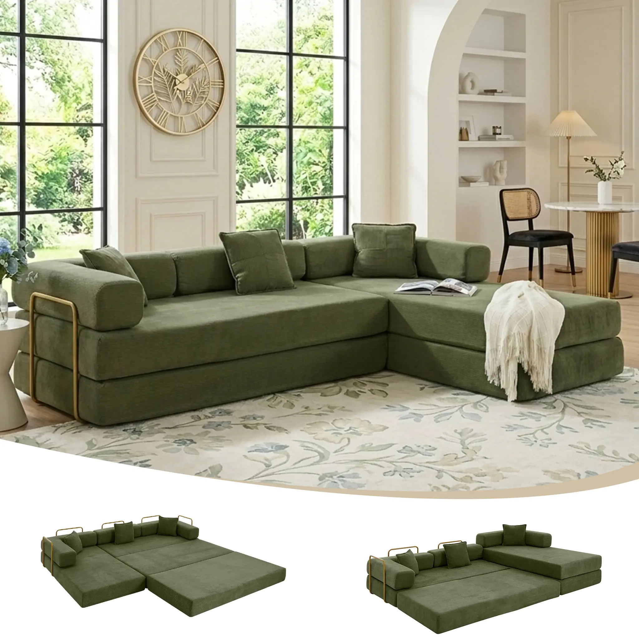 【2 Packages Shipping】Eyisean 108" Futon Convertible Sofa Bed, Modular Sectional Sofa, Boneless Couches for Living Room, Floor Sofa Bed & Mattress, Free Combination, No Assembly Required,  Oversized Corduroy Pull Out Bed for Apartment, Guest Use