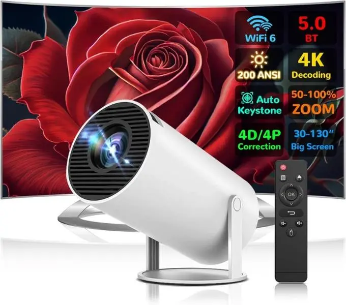 Projector with wifi and bluetooth, rotate at any angle, outdoor portable, automatic button calibration for mobile phones, tv sticks, laptops, mini projector for iphone, projector with screen Audio Connection Noise Wireless White Remote