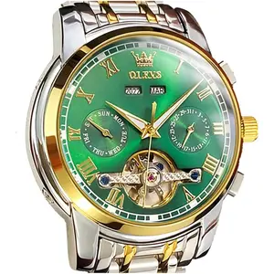 OLEVS Self Winding Watches for Men Automatic Mechanical Dress Tourbillon Stainless Steel Dual Calendar Waterproof Luminous Wrist Watch