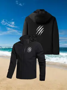 Autumn Claw Print Jacket, Outdoor Loose Fit Casual Hooded Jacket for Men, Geometric Pattern, Fashionable All-Season Outerwear