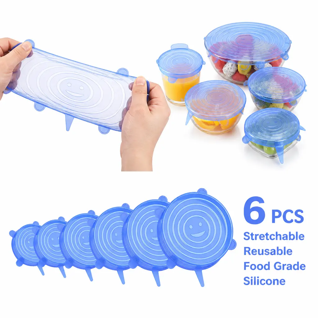 6 Pcs Silicone Stretchable Lid Set in 6 Sizes, Reusable Flexible Airtight Food Covers for Bowls and Containers, Space-Saving Dishwasher Safe for Kitchen, Camping and Travel