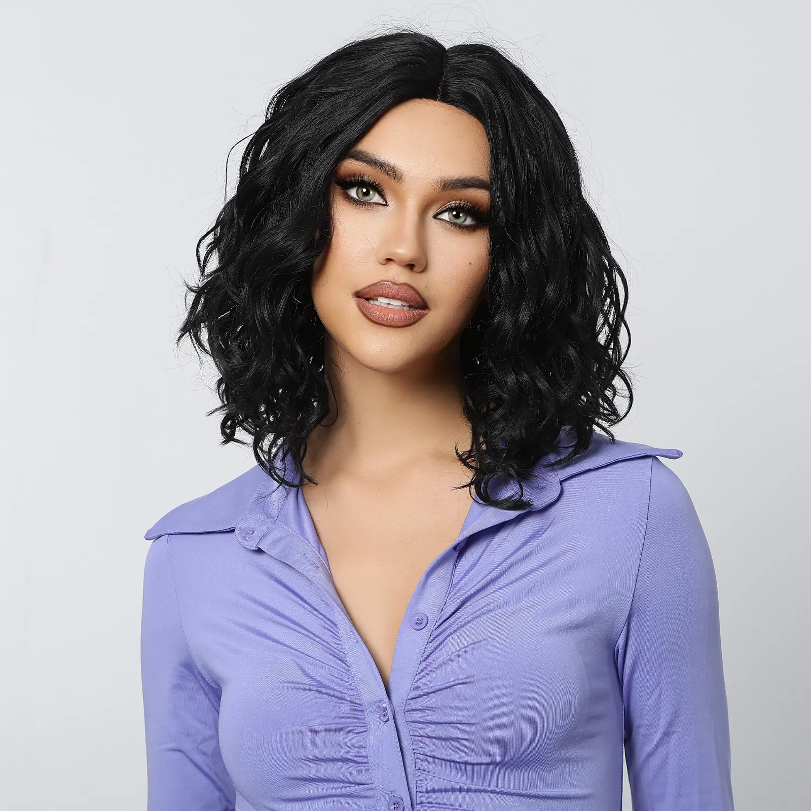 Charmaine-DWY Lace Front Middle Part Short-Length Deep wave Black Glueless Synthetic Wig for Women 14 Inches