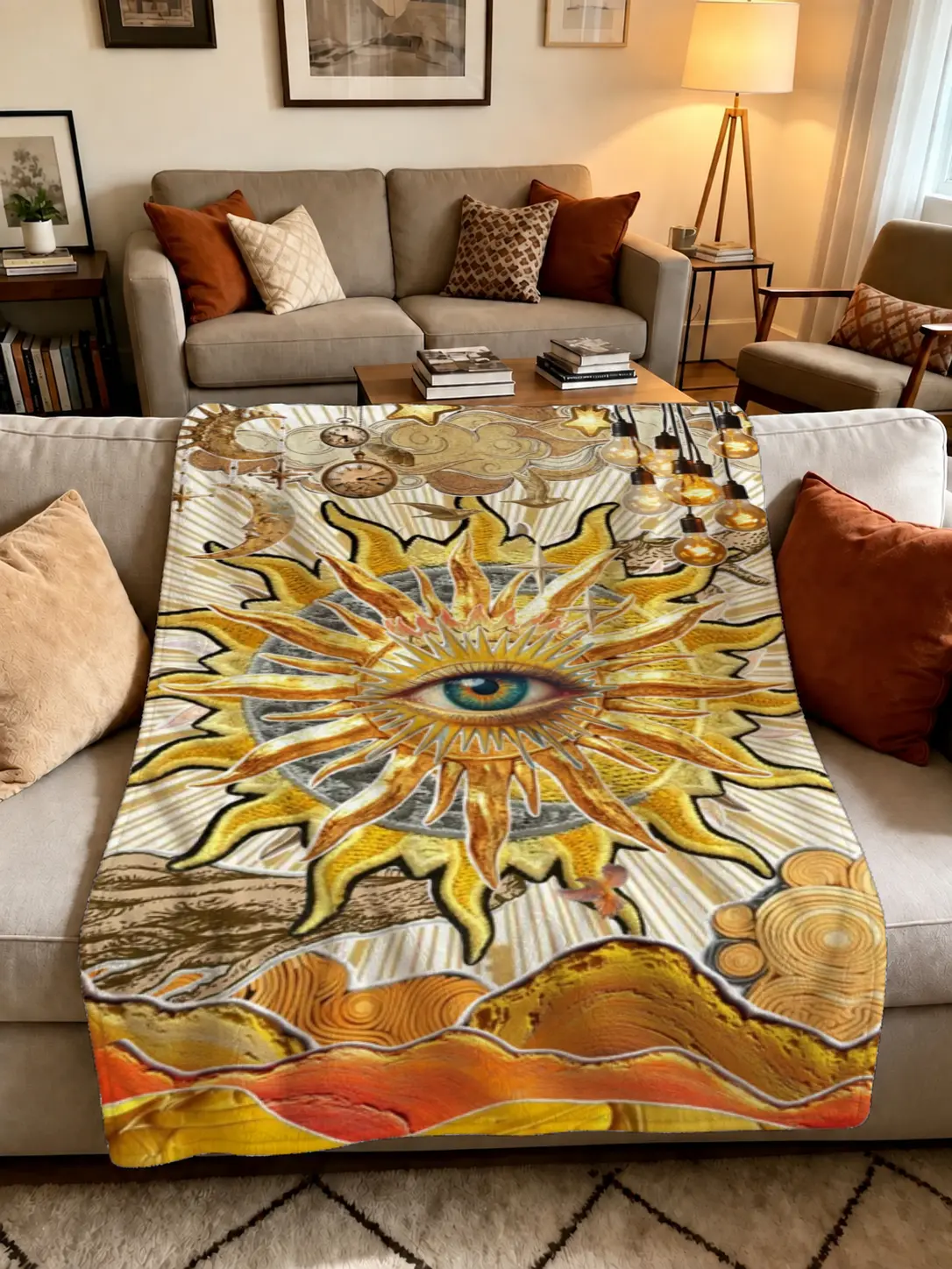 1Pcs Vintage Boho Sun with All Seeing Eye Pattern Throw Blanket Celestial Mystic Cloud Moon Print Flannel Blanket for Bedroom Living Room Sofa Couch Decor Hippie Tarot Astrology Theme Soft Cozy Blanket for All Season Use Christmas gift plush