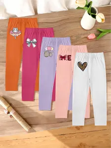 5 pieces of girls' stylish casual leggings with heart, love, bowknot and cat prints, perfect for sweet, trendy daily outfits