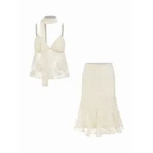 Cider Lace V-neck Cami Top & Mid Rise Midi Skirt Set