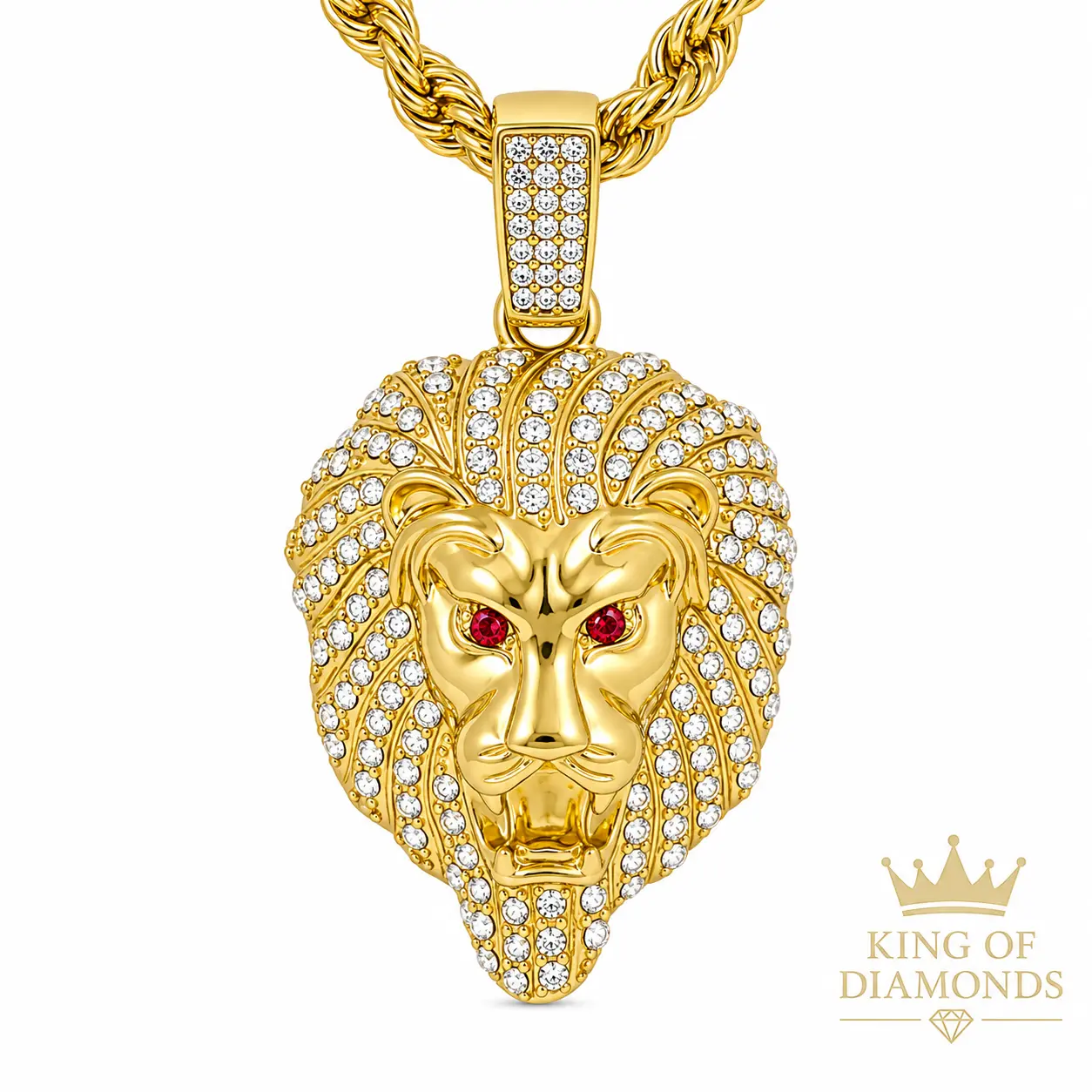 Lion Head Pendant Necklace, 24" Textured Rope Chain in Plated Alloy Metal, Statement Jewelry with Simulated Stones for a Bold Look, Casual Wear, Approx. 24"