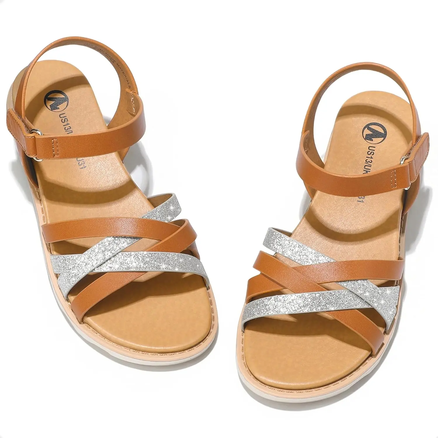 SHOESLOCKER Girls' Open Toe Summer Flat Dress Sandals - Vegan Leather Crossed Strap, Ankle Strap, Glitter Decorated, Adjustable Fit, Dual-Tone Comfortable Kids' Footwear, Crossed Strap Sandals, Glitter Decorated Sandals
