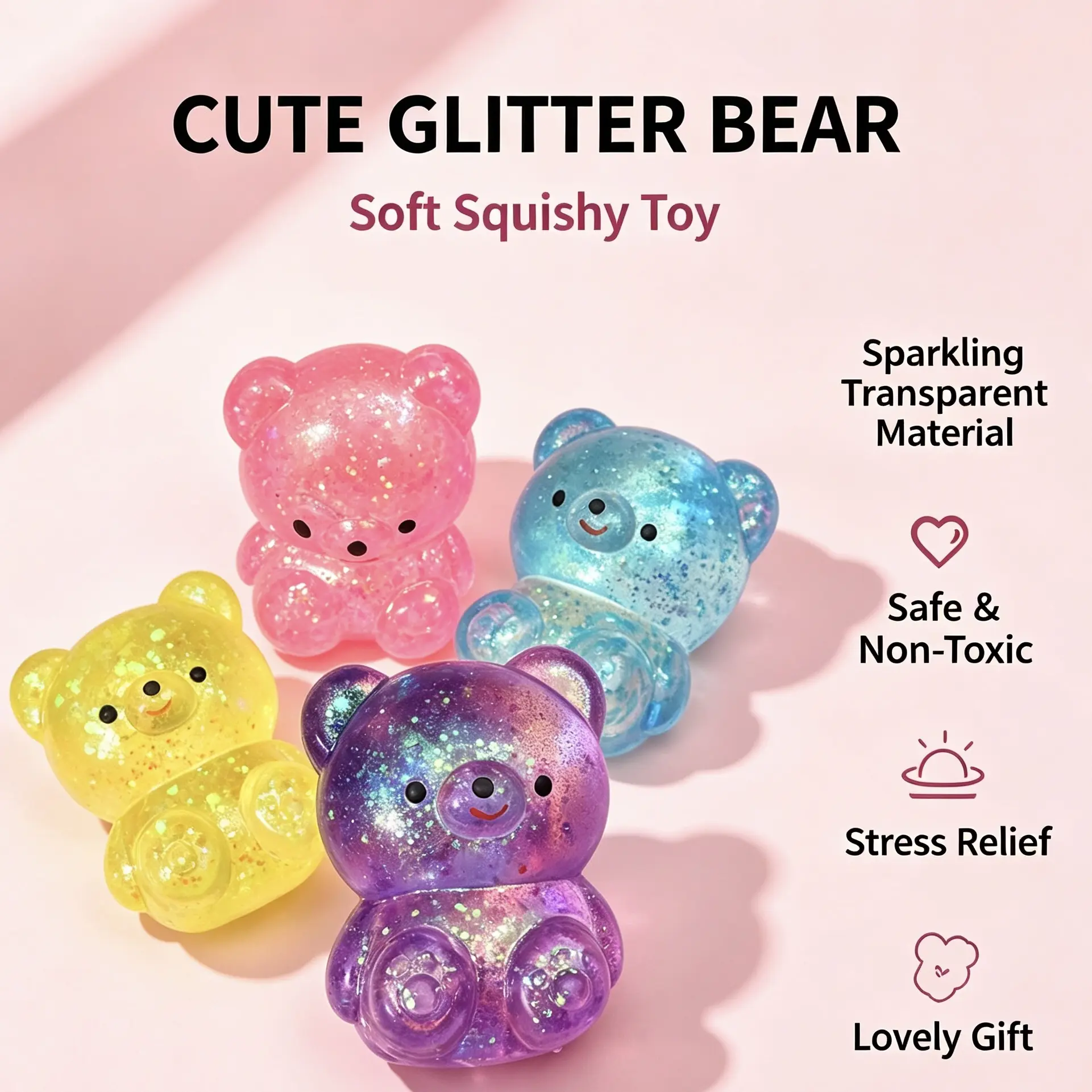Transparent Glitter Sand Seated Bear Stress Relief Toy, Cute Sparkly Cartoon Bear Desktop Decoration, Relaxing Squeeze Fun Gift, Stress Relief Squishy, Sparkly Squishies