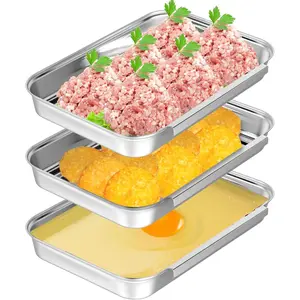 Breading Trays Set of 3 Dredging Trays for Cooking, Stainless Steel Breading Pans Set for Marinating Meat, Chicken, Fish,  Prep Tray