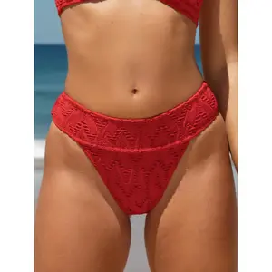 Red Textured High Cut Bikini Bottom