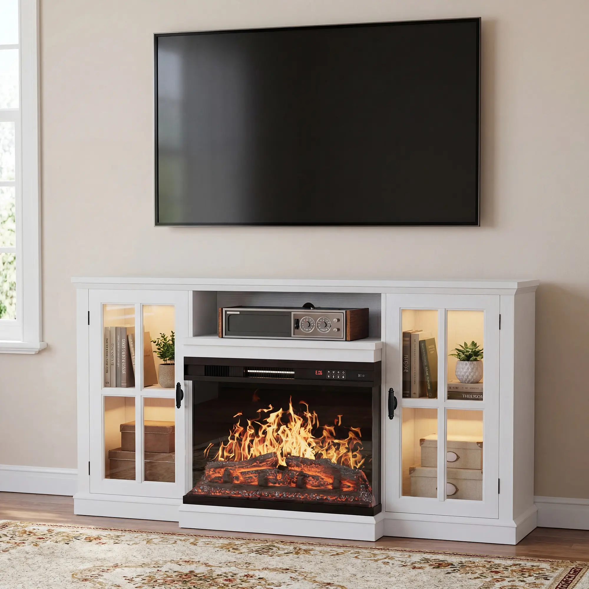 Furmax 65 in Modern TV Console Table - LED Floating Entertainment Stand with 26" Panoramic Fireplace, Smudge-Resistant Glass, Floating TV Stand
